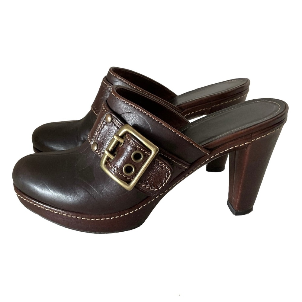 COACH - Clogs Size 7.5 - Signature Brown Leather Platform Mules - High Heels